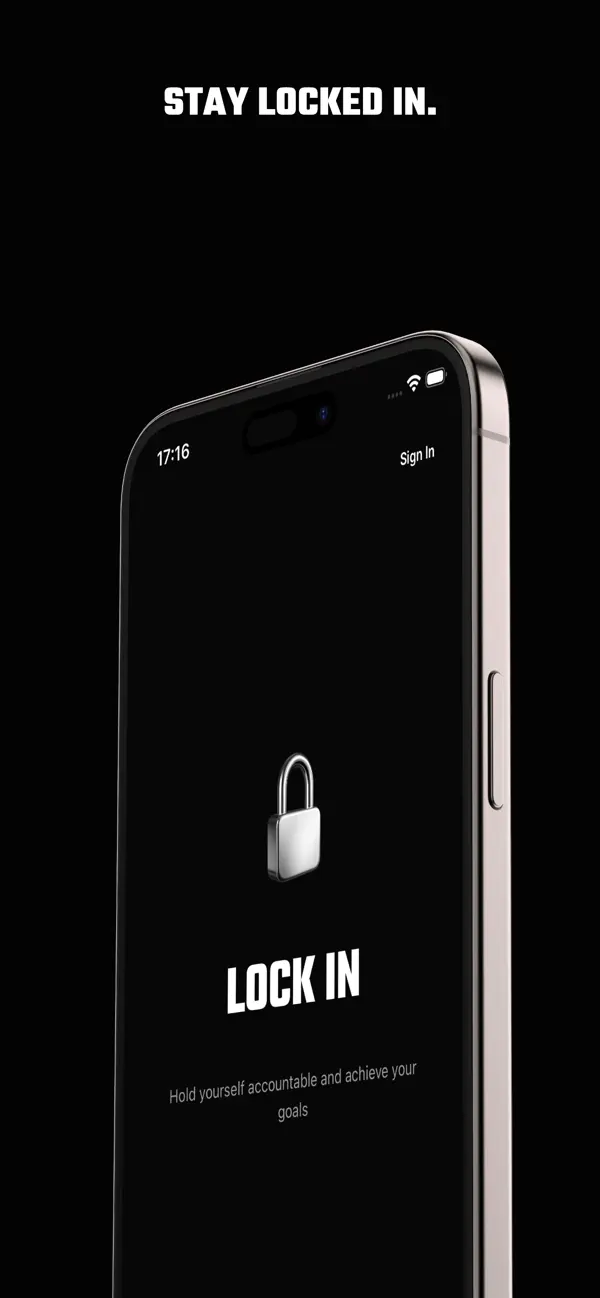 Stay locked in. The welcome screen: a padlock above the app’s name and “Hold yourself accountable and achieve your goals.”