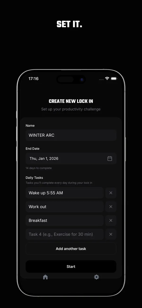 Set it. The Create New Lock In screen, with a name, an end date and three daily tasks.